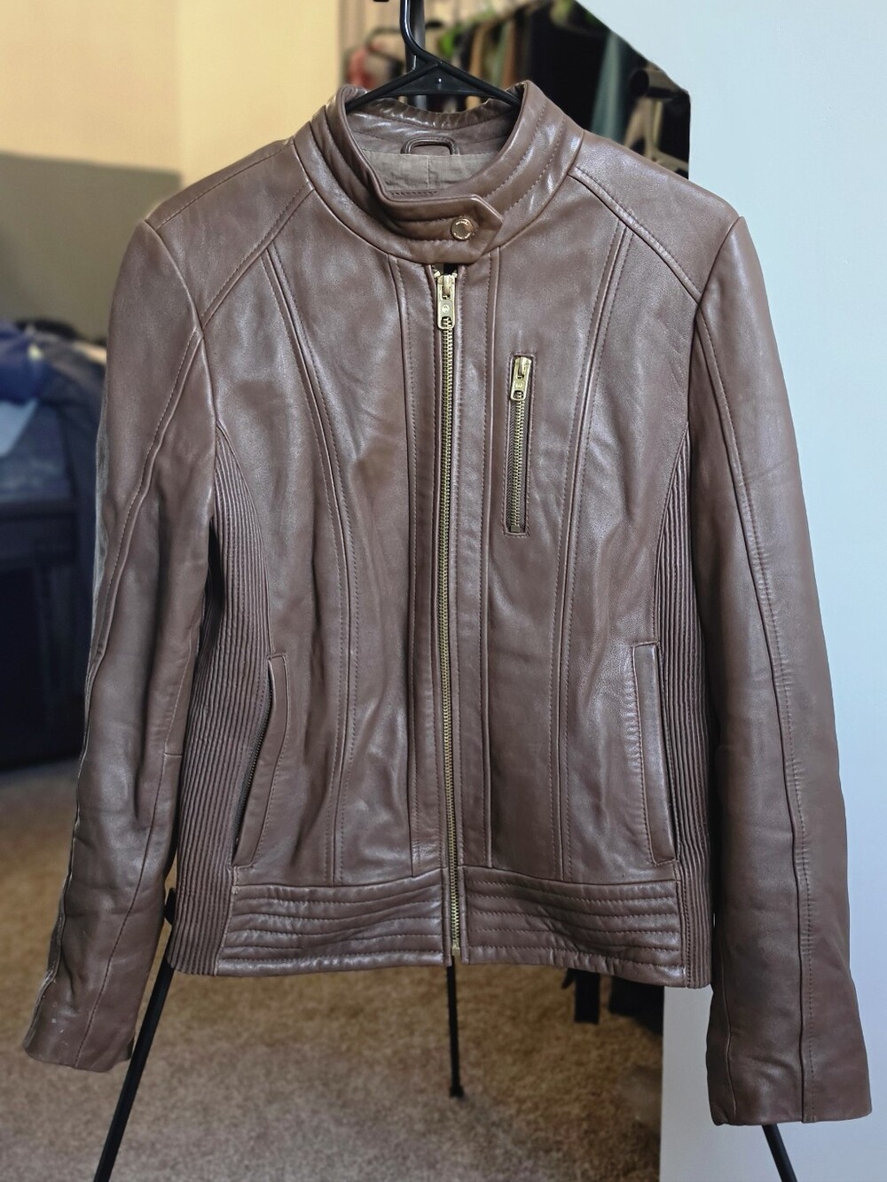 Michael Kors Brown Leather Moto Jacket with Gold Zippers